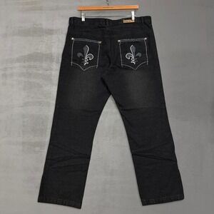 Y2K Indigo 30 Jeans Black Fleur De Lis Embroidered Baggy Streetwear 36 x 31